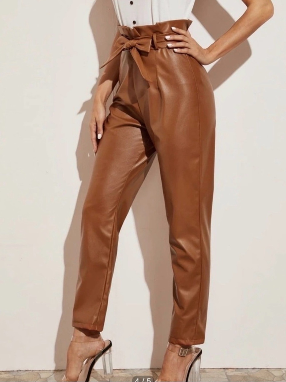 SHEIN Brown Paperbag Waist Faux Leather Pants with Tie